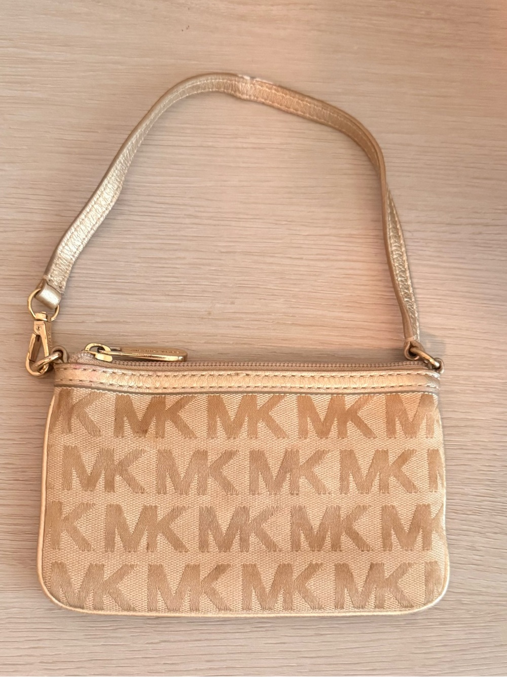 Michael Kors Beige and Gold MK Signature Wristlet